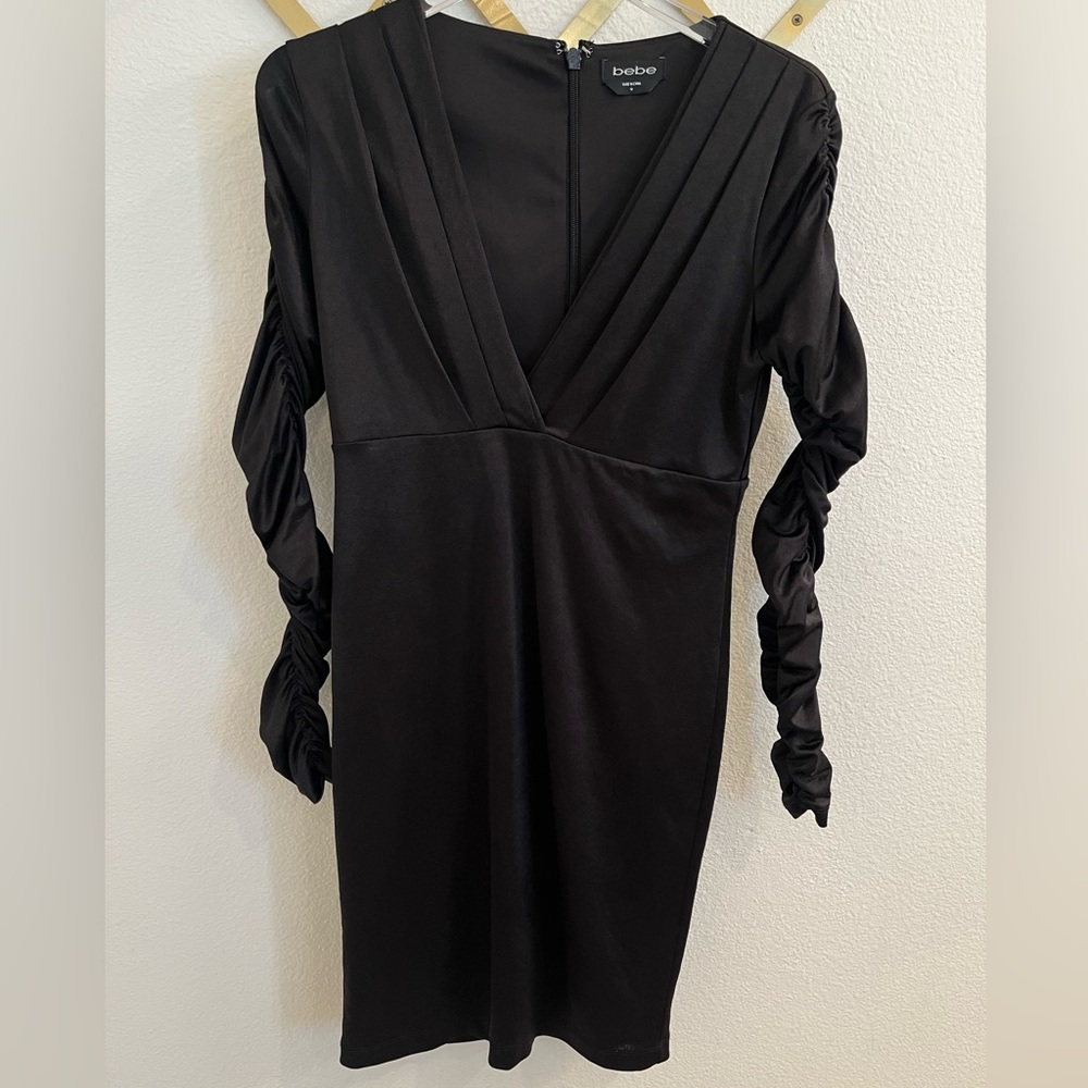 Bebe Ruched Long Sleeve Mini Dress Silky Stretch Satin Medium Black